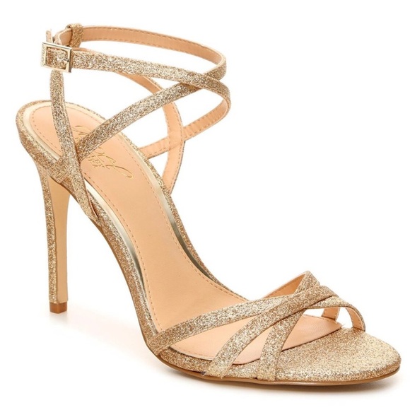 Jewel Badgley Mischka Ambre Strappy gold glitter stiletto Sandals Size 10 - Picture 1 of 9
